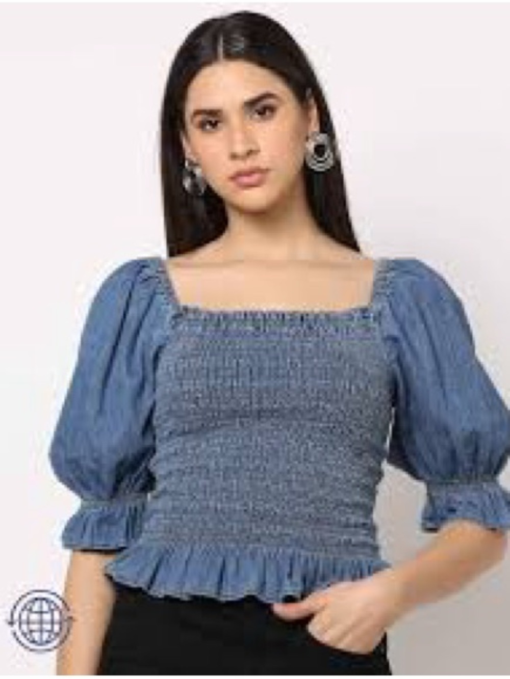 GAP Denim Smocked Puff Sleeve Square Neck Peplum Top L Ruffled Cuffs 100% Cotton